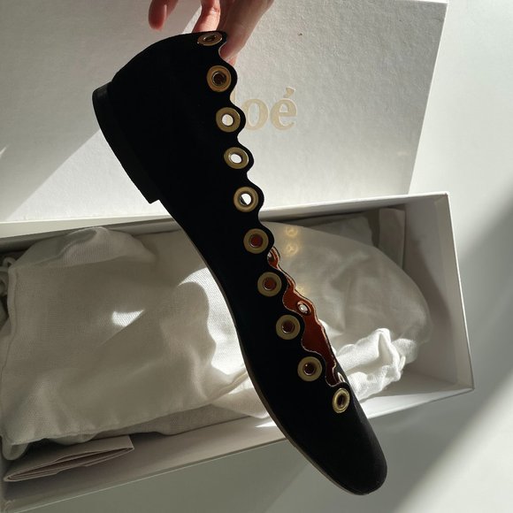 Chloe Shoes - Chloe Scallop Black Ballet Shoes with Gold Embellishment